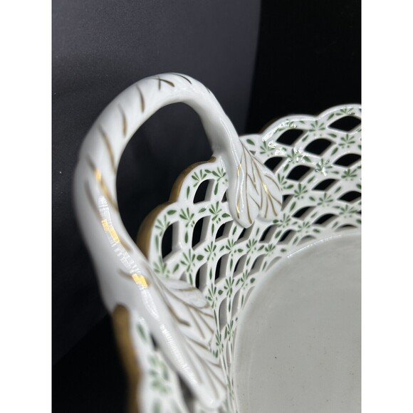Andrea by Sadek Porcelain Basket Bowl Green & Gold Accents - Picture 9 of 11